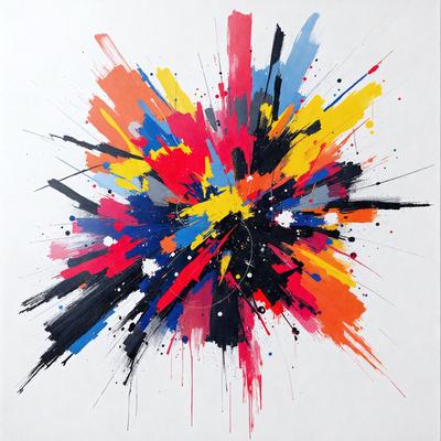 The primary subject of the image is a large, colorful, and abstract painting. The painting features a mix of colors, including red, blue, yellow, and orange. The setting is a white wall, which serves as the background for the painting. The visual style of the painting is a combination of digital art and illustration, creating a unique and vibrant piece of art. The dominant colors and overall atmosphere of the painting are energetic, lively, and full of color, making it an eye-catching and engaging